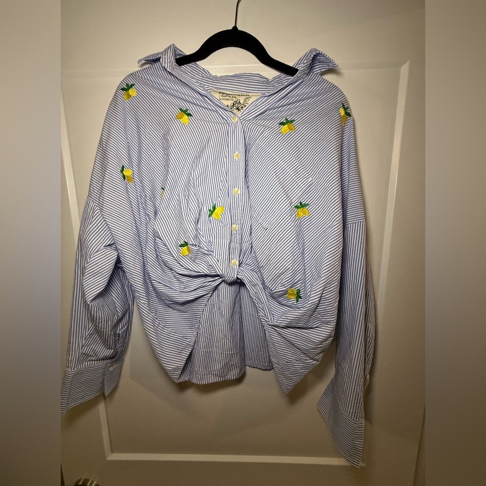 ASOS Blue Striped Blouse with Yellow Lemon Accents